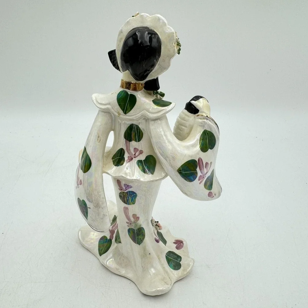 Vintage 1955 Signed Geo Z. Lefton Porcelain East Asian Dancer Lantern Pink Green